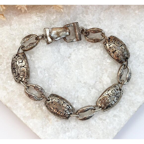 Swirly Victorian Inspired Oval Chainlink Vintage Costume Jewelry Bracelet - Picture 1 of 10